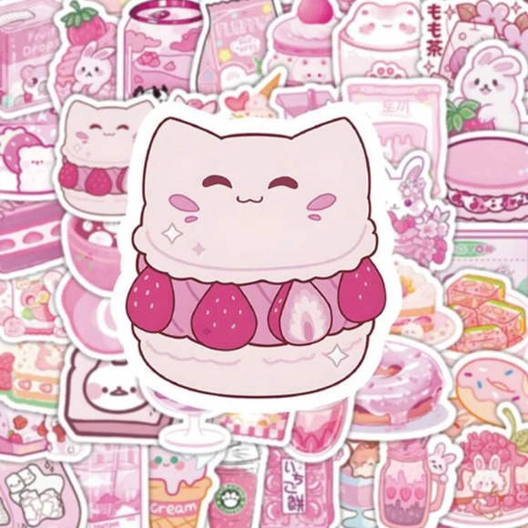 100 pink white cartoon snack vinyl stickers laptop luggage mug scrapbook decor - Picture 1 of 6